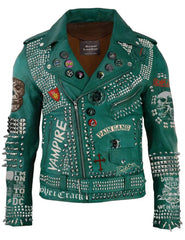Green Studded Leather Men, Punk studded leather Jacket Handmade with Cow Leather, Pins and Patches Studded Leather Club Wears Jacket For Men