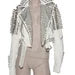 Handcrafted Women Silver Long Studded Genuine Leather Jacket Spiked Stud placed by Hand Belted Biker Brando Fashion Party White Leather