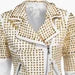 Woman White Leather Jacket, Steampunk Clothing Golden Studded Punk Jacket, Women’s Biker Jacket, Gold Studs Cowhide Leather, Studded Golden