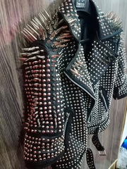 Men’s Gothic Biker Leather Jacket – Brando Style with Long Spikes, Silver Studded Moto Fit, Custom Steampunk Fashion