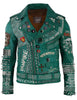 Green Studded Leather Women, Punk studded leather Jacket Handmade with Cow Leather, Pins and Patches Studded Leather Club Wears Jacket,