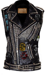 Women’s Gothic Leather Vest Jacket – Misfits Patch, Studded Steampunk Bomber Fit, Custom Handmade Punk Style