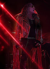 Red Rocker Studded Jacket Leather, Silver Studded Red Leather Jacket Premium Quality, Star Singer Performed On stage, Pop Lead Singer