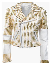 Man White Leather Jacket, Steampunk Clothing Golden Studded Punk Jacket, Men’s Biker Jacket, Gold Studs Cowhide Leather, Men Studded Golden