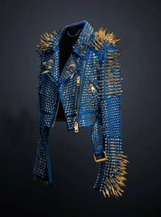 Inkstorm Blue Punk Leather Jacket – Men’s Custom Gothic Gangster Style with Golden Spikes, Brando Moto Fit & Waist Belt