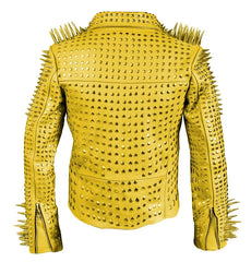 Yellow Gothic Steampunk Jacket Gun Spiked Leather with Full Studded Armor & Brando Style