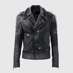 Handmade Silver Biker Brando Mens Punk Biker Full Black Silver Studded Biker Leather Jacket