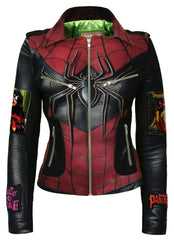 Spider Woman Biker Jacket – Black & Red Gothic Leather with Pantera Patch, Studded Moto Fit, Custom Cobweb Punk Outfit