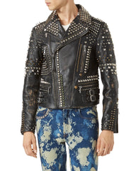 Men's Biker Studded Stylish Magnificent Leather Jacket All Sizes Available Antique Brown Distressed Multi color studs belted strap zipper