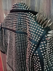 Men’s Gothic Biker Leather Jacket – Brando Style with Long Spikes, Silver Studded Moto Fit, Custom Steampunk Fashion