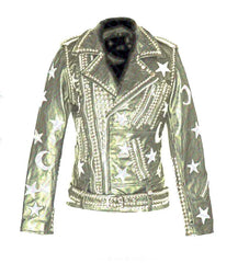 Green Brando Jacket Women’s Stars & Moons Patches Leather with Round Studs