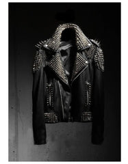 Men's Spiked Punk Jacket, Shoulder Epaulets Jacket, Handmade Black Cowhide Leather Jacket, Silver Studded Gothic Jacket, Motorbike Jacket
