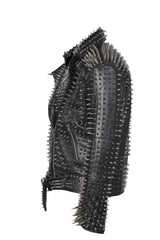 Men SPIKED Studded BLACK Leather Jacket Brando Full Steampunk Rocker Silver Long Spikes