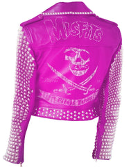 Men’s Punk Rock Leather Jacket – Slipknot Patch, Silver Pyramid Studs, Violet Steampunk Moto Fit