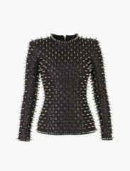 WOMEN Silver Studded Leather Jacket TOP ONLY, Spiked Leather Jacket, Women Steam Punk Spike Jacket, Gothic Hippie Silver Spikes Jacket Women