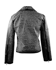 Motorbike Round Studded Jacket, Genuine Leather Belted Jacket, Women Lapel Collar Punk Jacket, Handmade Silver Studs Gothic Bikers Jacket