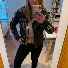Hippie Spiked Leather Jacket Women Handmade Rocker Punk Clothing Silver Long Spiked Studded Leather Buttons Steampunk Clothing