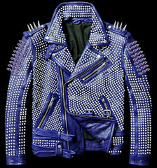 Men Blue Full Silver Studded Brando Biker Cowhide Leather Belted Jacket