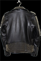 Dominant Spiked Leather Biker Jacket Steampunk Gothic Silver Studs & Brando Lapel Collar