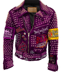 Vivid Violet Leather Jacket Conical Studs Punk Rock Wear with Black Sabbath & Dead Kennedys Patches