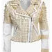 Woman White Leather Jacket, Steampunk Clothing Golden Studded Punk Jacket, Women’s Biker Jacket, Gold Studs Cowhide Leather, Studded Golden