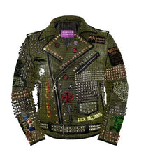 Men Green Crocodile Print Leather Studded Jacket, Heavy Metal Studwork, Queen Patch Fashion, Badges Patches Jacket