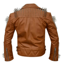 Gun Spiked Renegade Leather Jacket Brown Cowhide with Double Buckle Waist Fastening