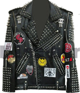 Men Black Full Silver Studded Patches With Chains Cowhide Leather Jacket with patches decorated
