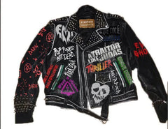Men’s Pop Punk Leather Jacket – “Pop Punk’s Not Dead” Print, Traitor Like Judas Patch, Studded Gothic Biker Fit, Custom Moto Style