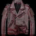 Men Maroon Red Full Silver Studded Brando Biker Cowhide Leather Jacket with Studs and Spikes Biker Belted Jacket