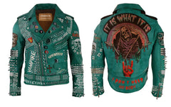 Green Studded Leather Men, Punk studded leather Jacket Handmade with Cow Leather, Pins and Patches Studded Leather Club Wears Jacket For Men