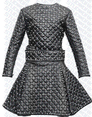 Handmade Women 2 piece Stylish Silver Studded Dress Jacket and Skirt Leather, Bachelor Party Back Zippered Fashion Costume 2 piece Dress