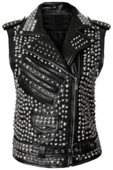 Women Leather Studded Vest, Handmade Woman Studded Leather Vest, Black Spike Belted Studs Zipper Brando Leather Vest Pocket made to order