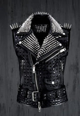 Women Silver Black Studded Belted Leather Vest, Silver Spike Studded Leather Brando Vest, Spiked Women Leather Vest Ladies Biker Jacket