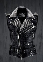 Women Silver Black Studded Belted Leather Vest, Silver Spike Studded Leather Brando Vest, Spiked Women Leather Vest Ladies Biker Jacket
