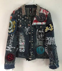 Multi Patches Denim Gothic Punk Jacket, Jeans Studded Jacket, Men's Fashion Jacket, Silver Cone Studs Jacket, Denim Jeans Jacket,