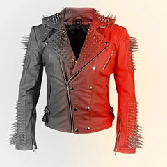 Red Spiked Leather Jacket Punk & Steampunk Biker Style with Metal Studs