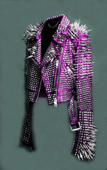 Women Purple Military Jacket. Purple Studded Leather Jacket, Women Spiked Steam Punk Jacket Gothic, Rockers Studded Jacket