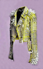 Women Yellow Spiked Studded Leather Jacket Steam Punk Gothic Rockers Jacket