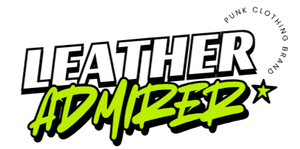 Logo for 'Leather Admirer' with punk clothing brand text on a white background