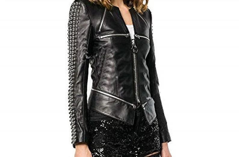 Women Studs Motorcycle Zippered Jacket, Black Cowhide Leather Punk Jacket, Personalized Silver Studs Jacket, Handmade Jacket,