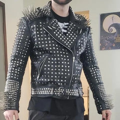 Rockers Men's Full Black Steam Punk Silver Spiked Gothic Studded Leather Brando Jacket