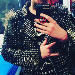 Rockers Men's Full Black Steam Punk Silver Spiked Gothic Studded Leather Brando Jacket