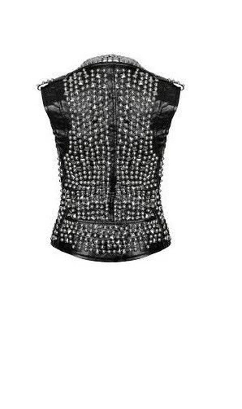 Women Leather Studded Vest, Handmade Woman Studded Leather Vest, Black Spike Belted Studs Zipper Brando Leather Vest Pocket made to order