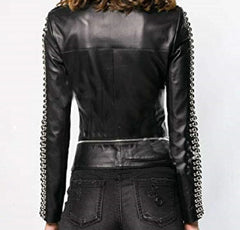Women Studs Motorcycle Zippered Jacket, Black Cowhide Leather Punk Jacket, Personalized Silver Studs Jacket, Handmade Jacket,