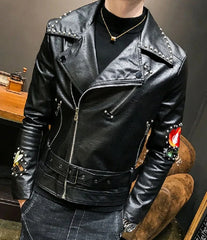 Brando Style Patches Leather Jacket Men, Black Fashion Outer Wear Studded, Sakata Butterfly Patch, Customize Biker's Punk Jacket,