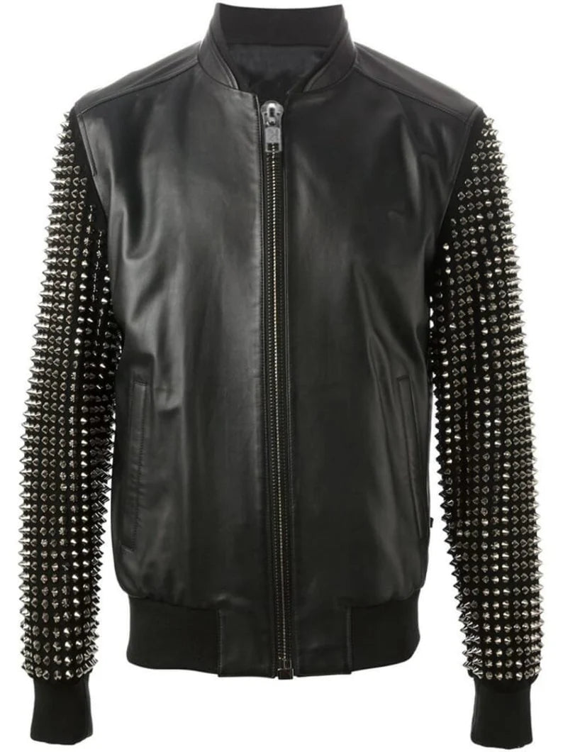 Customize Black Color Jacket, Personalized Spiked Studs Jacket, Men's Bomber Zippered Jacket, Genuine Leather, Rib Cuffs, Punk Jacket,