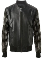 Customize Black Color Jacket, Personalized Spiked Studs Jacket, Men's Bomber Zippered Jacket, Genuine Leather, Rib Cuffs, Punk Jacket,