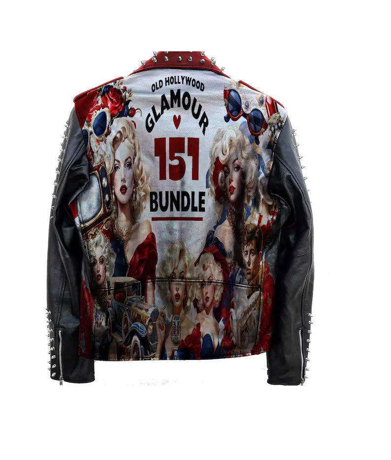 Old Hollywood Punk Style, Spikes Studs Leather, Marilyn Monroe Jacket, Discharge Patch Fashion, Distiller Party Wear, Misfit Studwork Gothic