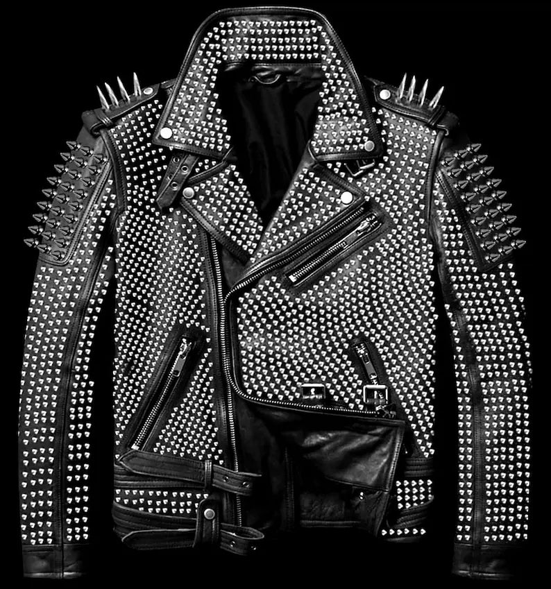 Men Full Silver Studded Spiked Genuine Punk Leather Belted Jacket